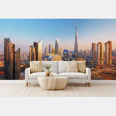 Papier peint vue panoramique de Dubaï avec le Burj Khalifa – Wallnifity®