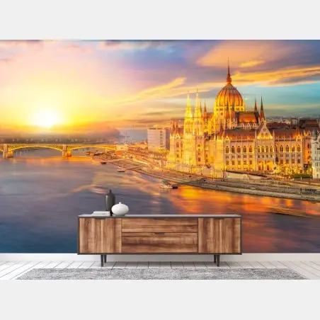 Papier peint parlement hongrois au coucher de soleil sur le Danube, Budapest – Wallnifity®