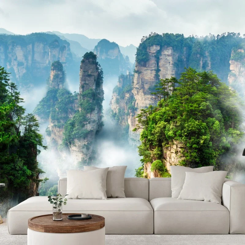 Papier peint paysage de colonnes rocheuses embrumées – Wallnifity®