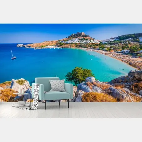 Papier peint acropole de Lindos surplombant la baie turquoise – Wallnifity®