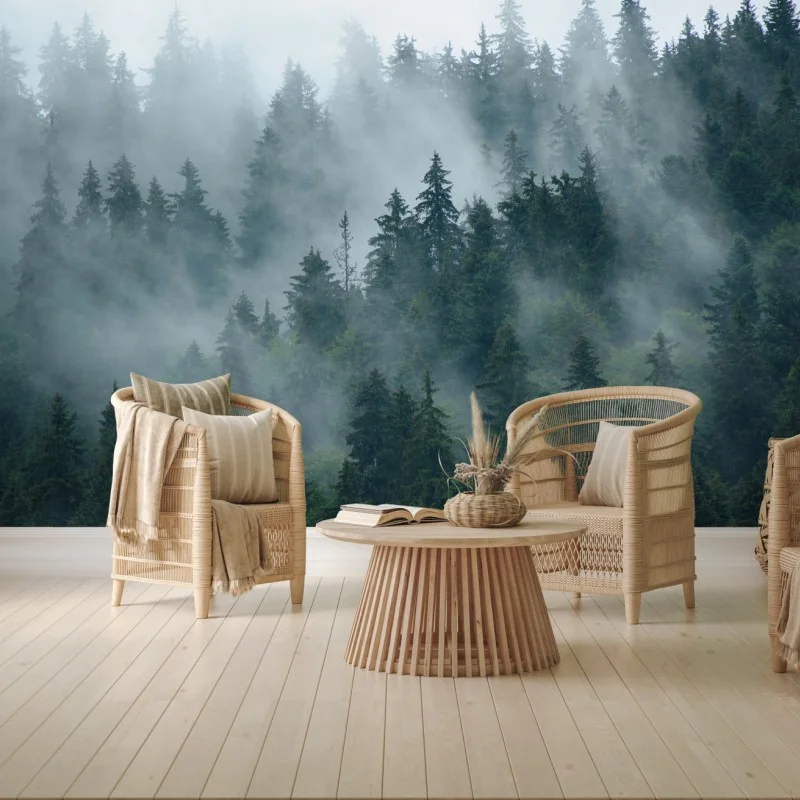 Papier peint brume matinale sur la forêt de sapins – Wallnifity® Papier peint brume matinale sur la forêt de sapins – Wallnifity®