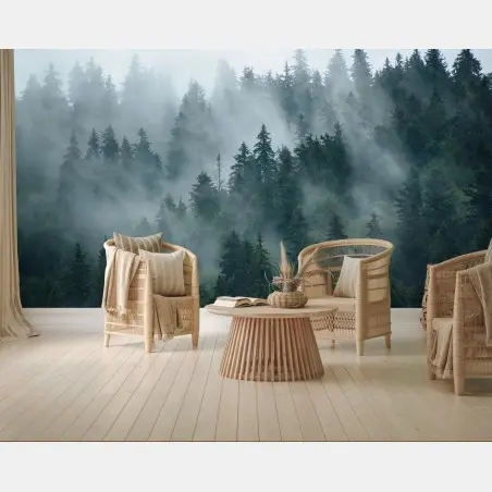 Papier peint brume matinale sur la forêt de sapins – Wallnifity®