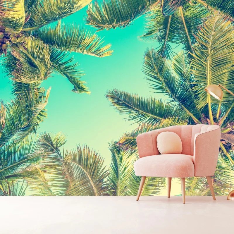 Papier peint vue rétro de palmiers sur ciel turquoise – Wallnifity® Papier peint vue rétro de palmiers sur ciel turquoise – Wallnifity®