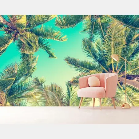 Papier peint vue rétro de palmiers sur ciel turquoise – Wallnifity®
