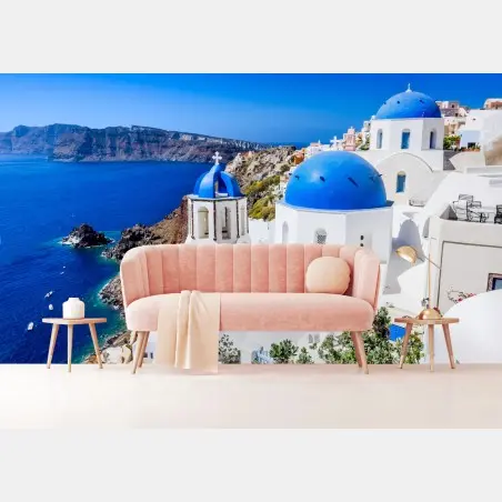 Papier peint vue emblématique de Santorin aux dômes bleus – Wallnifity®