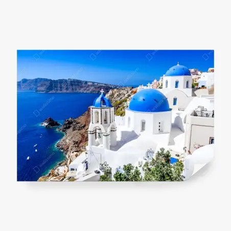 Papier peint vue emblématique de Santorin aux dômes bleus – Wallnifity®
