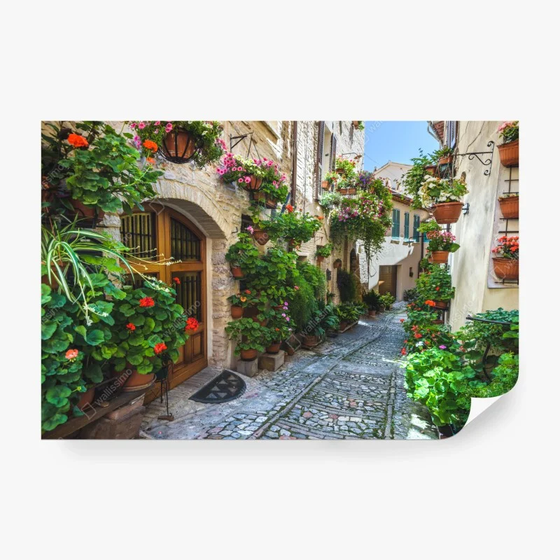 Papier peint ruelle fleurie de Spello, Italie – Wallnifity® Papier peint ruelle fleurie de Spello, Italie – Wallnifity®