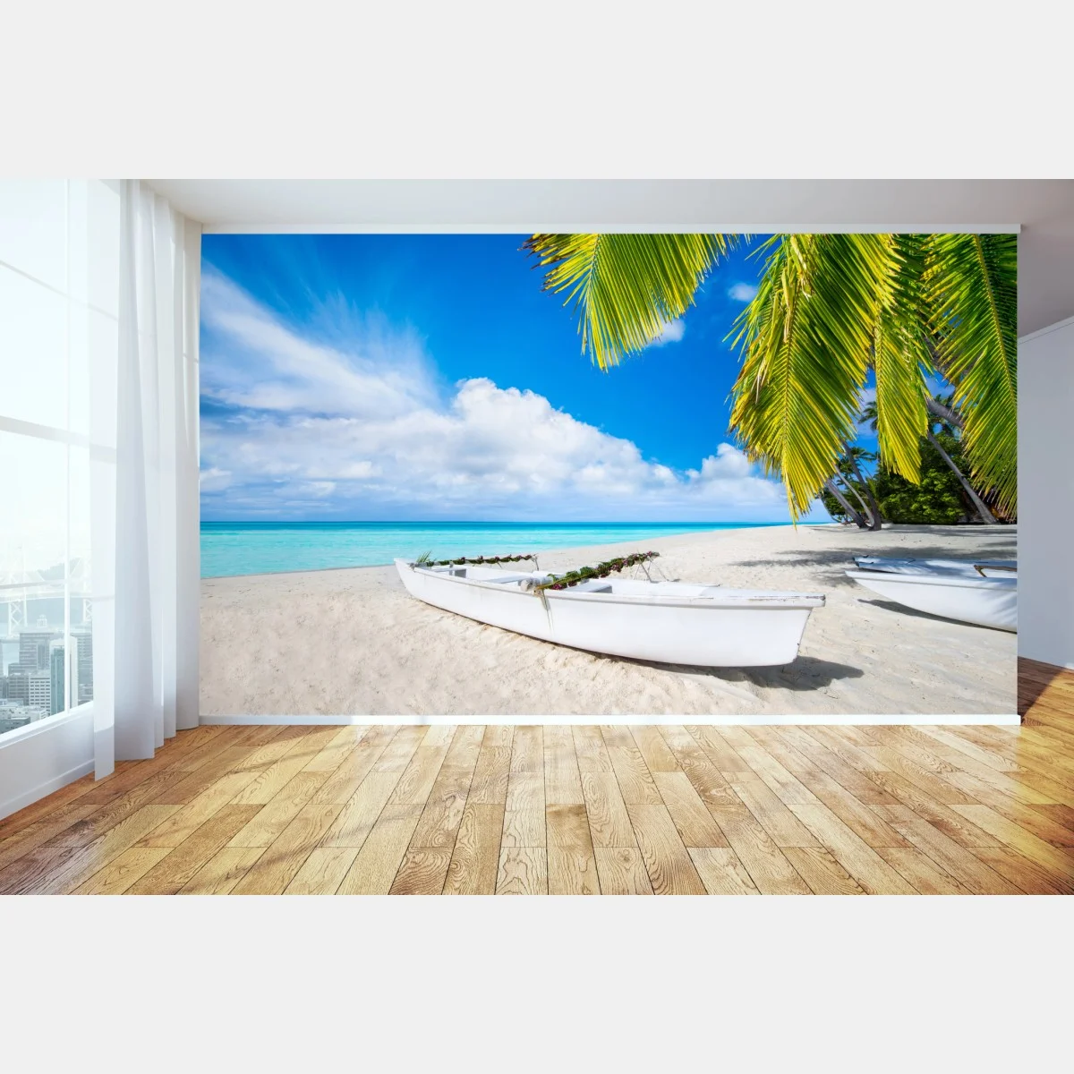 Papier peint évasion tropicale sur plage de sable blanc et palmiers – Wallnifity® Papier peint évasion tropicale sur plage de sable blanc et palmiers – Wallnifity®