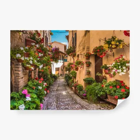 Papier peint ruelle fleurie d'Ombrie au charme médiéval – Wallnifity®