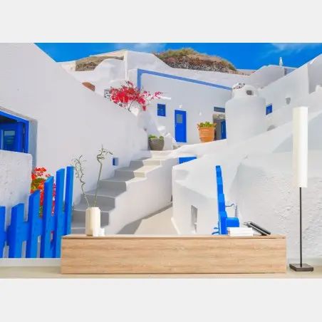 Papier peint ruelle bleue et blanche à Santorin – Wallnifity®