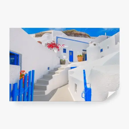 Papier peint ruelle bleue et blanche à Santorin – Wallnifity®