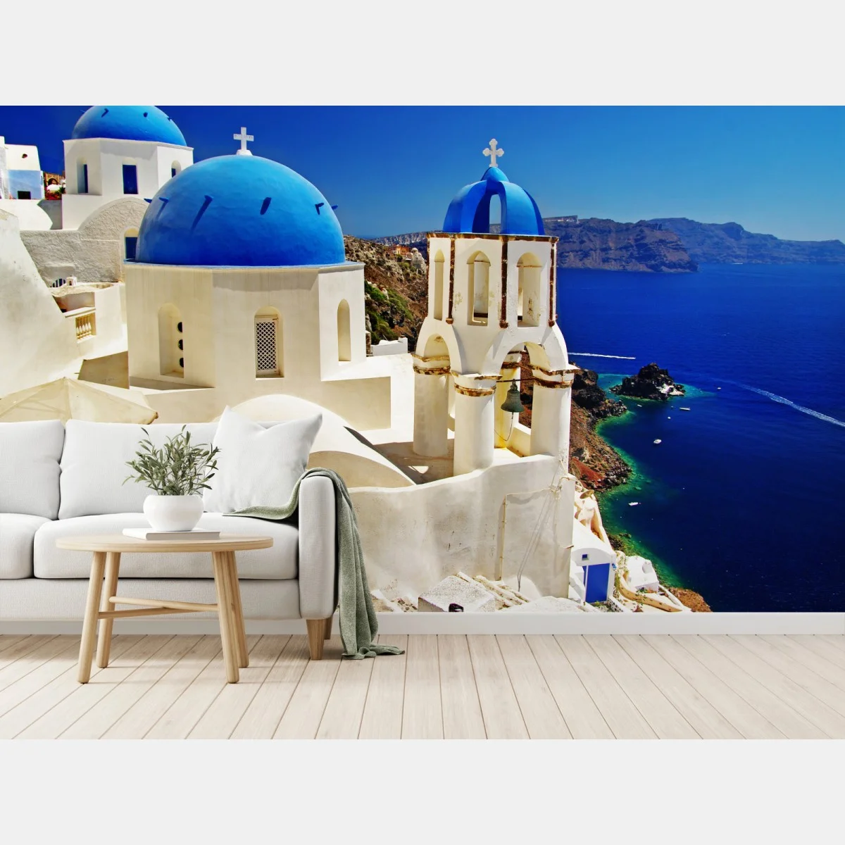 Papier peint panorama pittoresque de Santorin aux dômes bleus – Wallnifity® Papier peint panorama pittoresque de Santorin aux dômes bleus – Wallnifity®