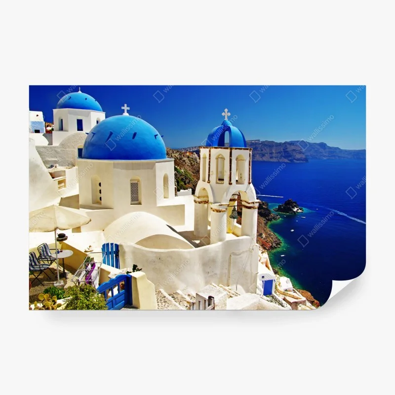 Papier peint panorama pittoresque de Santorin aux dômes bleus – Wallnifity® Papier peint panorama pittoresque de Santorin aux dômes bleus – Wallnifity®