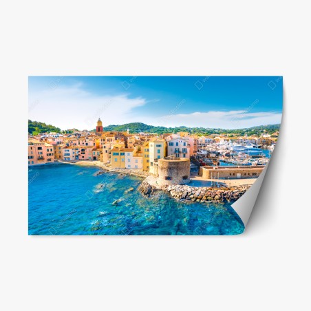 Sticker repositionnable vue côtière ensoleillée d'un village méditerranéen – Wallnifity®