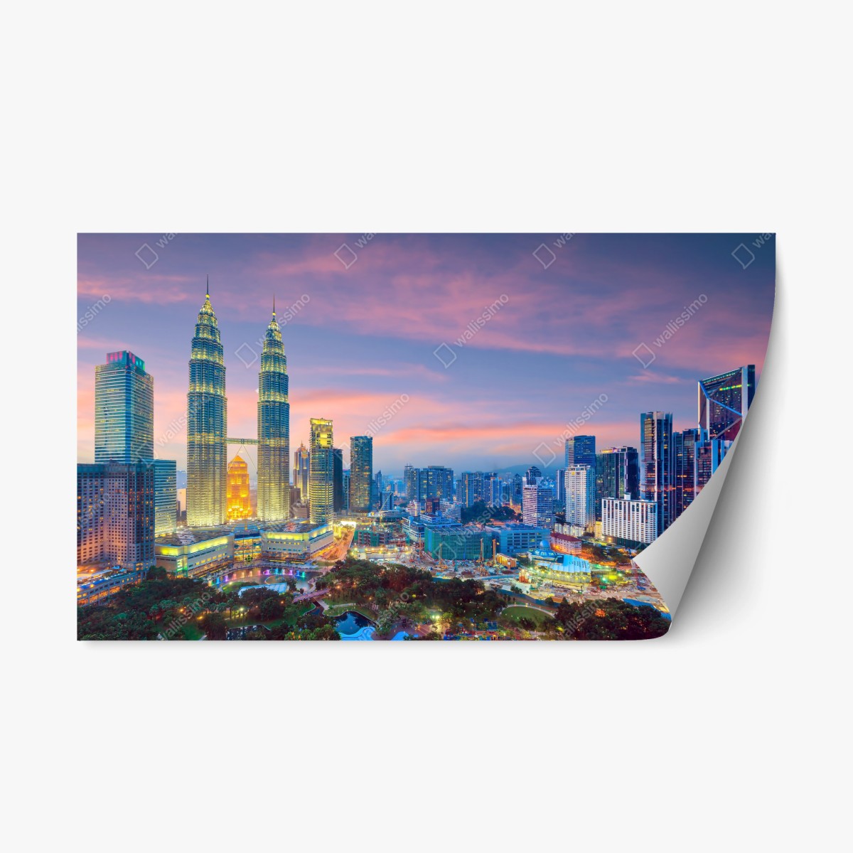 Sticker repositionnable panorama au crépuscule de Kuala Lumpur et des tours Petronas – Wallnifity®