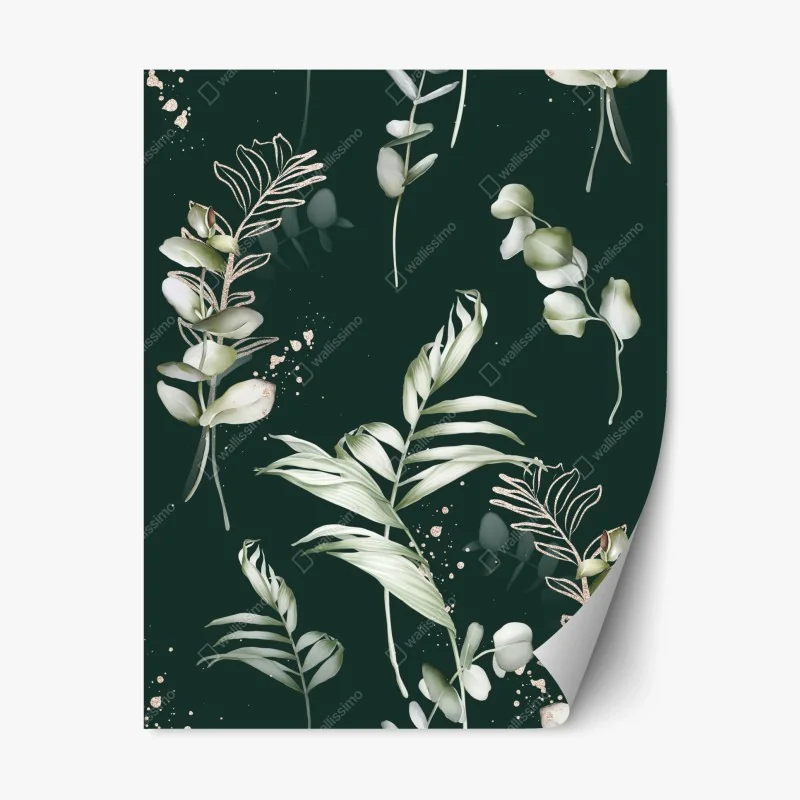 Sticker repositionnable motif eucalyptus doré sur fond vert profond – Wallnifity®