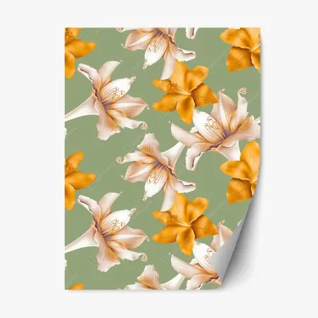 Sticker repositionnable motif floral de lys orangés sur fond vert sauge – Wallnifity®