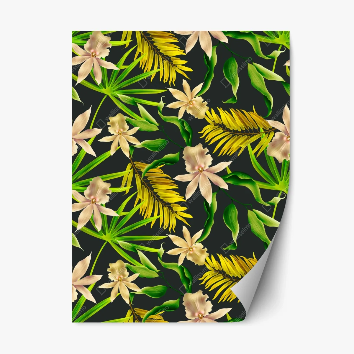 Sticker repositionnable motif tropical d'orchidées et de feuilles exotiques sur fond sombre – Wallnifity® Sticker repositionnable motif tropical d'orchidées et de feuilles exotiques sur fond sombre – Wallnifity®