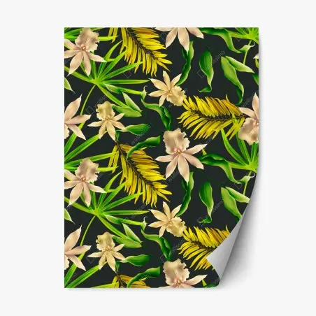 Sticker repositionnable motif tropical d'orchidées et de feuilles exotiques sur fond sombre – Wallnifity®