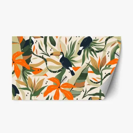Sticker repositionnable motif tropical aux toucans et fleurs orangées – Wallnifity®