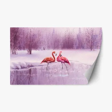 Sticker repositionnable flamants roses dans un paysage hivernal lilas – Wallnifity®