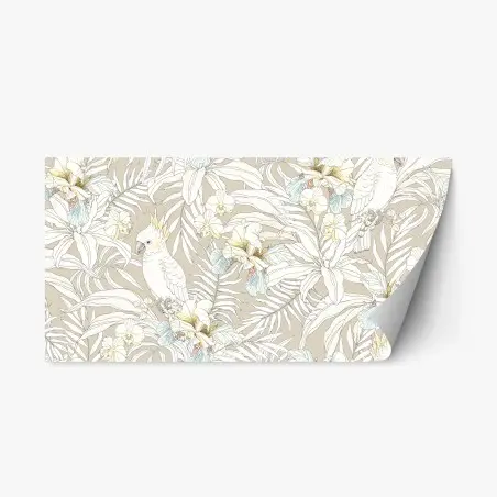 Sticker repositionnable décor tropical aux cacatoès et orchidées sur fond beige – Wallnifity®