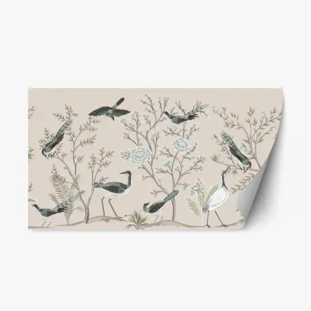 Sticker repositionnable jardin d'oiseaux et feuillages aux tons pastel – Wallnifity®