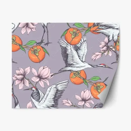 Sticker repositionnable motif élégant de grues, kakis et magnolias sur fond violet – Wallnifity®
