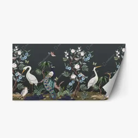 Sticker repositionnable jardin d'oiseaux exotique au paon et fleurs – Wallnifity®