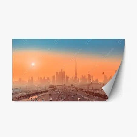 Sticker repositionnable panorama orangé de Dubaï au coucher du soleil – Wallnifity®