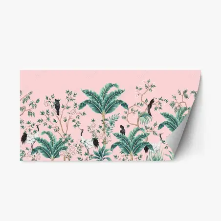 Sticker repositionnable scène botanique rose aux grues et oiseaux exotiques – Wallnifity®