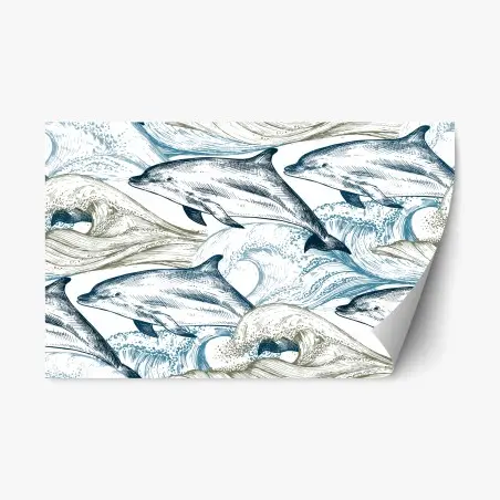 Sticker repositionnable danse des dauphins sur vagues stylisées – Wallnifity®