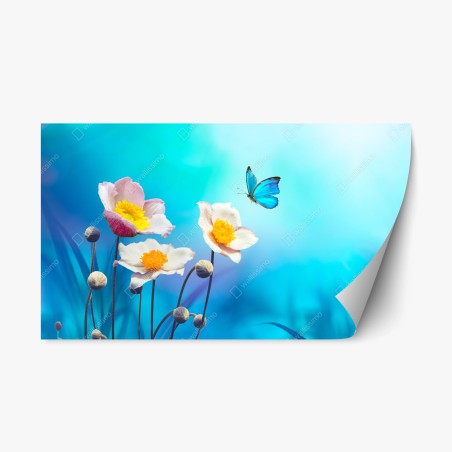 Sticker repositionnable élégance printanière — anémones et papillon bleu – Wallnifity®