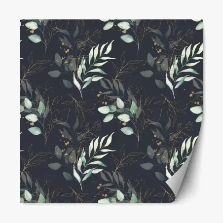 Sticker repositionnable motif feuilles aquarelle avec accents dorés sur fond sombre – Wallnifity®