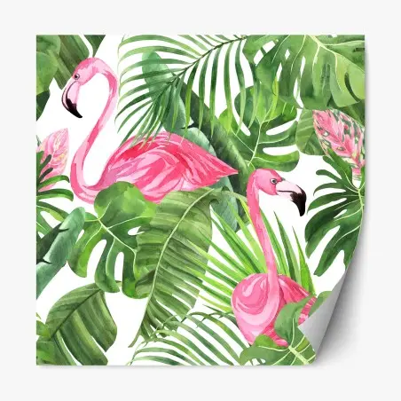 Sticker repositionnable flamants roses et feuillages tropicaux – Wallnifity®