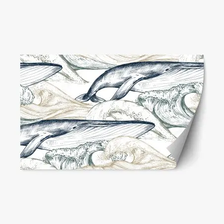 Sticker repositionnable ballet de baleines et vagues en gravure marine – Wallnifity®