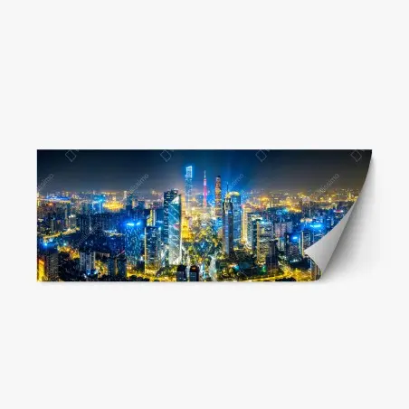 Sticker repositionnable skyline nocturne de Guangzhou, quartier financier illuminé – Wallnifity®