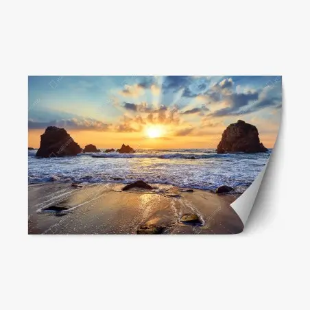 Sticker repositionnable coucher de soleil sur la côte rocheuse – Wallnifity®
