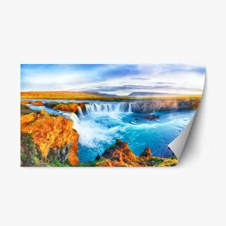 Sticker repositionnable lever de soleil sur Godafoss, panorama d'Islande – Wallnifity®