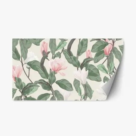 Sticker repositionnable motif magnolia pastel sur fond beige – Wallnifity®