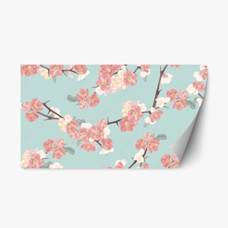 Sticker repositionnable motif floral délicat aux fleurs roses et fond turquoise – Wallnifity®