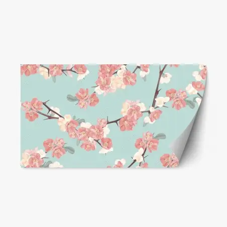 Sticker repositionnable motif floral délicat aux fleurs roses et fond turquoise – Wallnifity®