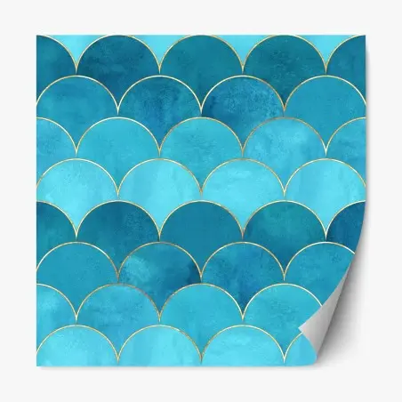 Sticker repositionnable motif d'écailles bleues avec liserés dorés – Wallnifity®