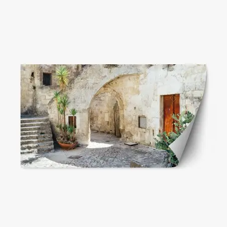 Sticker repositionnable ruelle en pierre méditerranéenne avec cactus – Wallnifity®