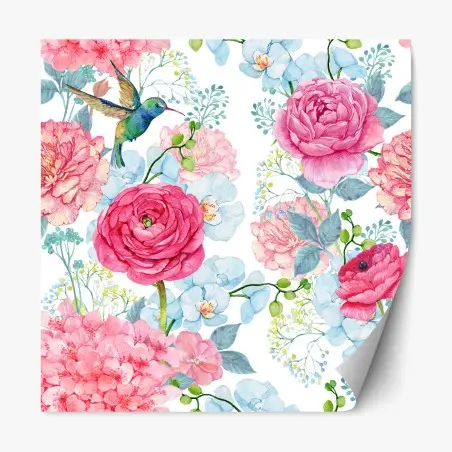 Sticker repositionnable motif floral aquarelle avec colibri et pivoines – Wallnifity®