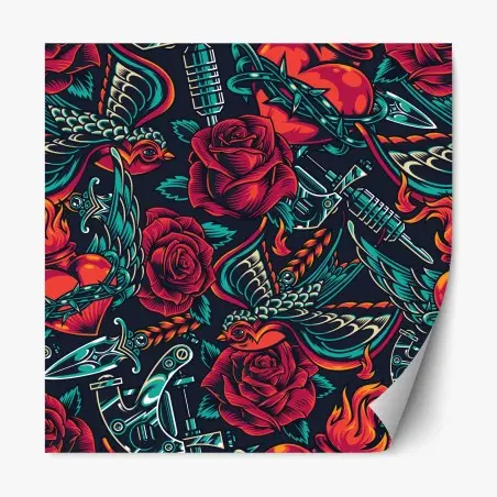 Sticker repositionnable motif rétro tatouage roses et hirondelles – Wallnifity®
