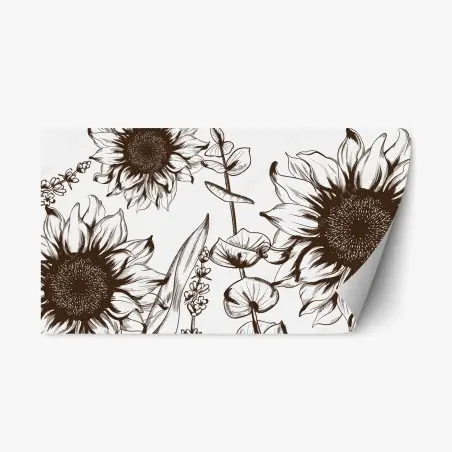 Sticker repositionnable composition botanique de tournesols au trait sépia – Wallnifity®