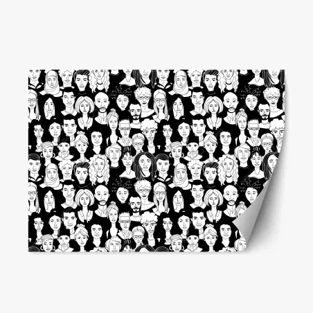 Sticker repositionnable foule de visages stylisés en noir et blanc – Wallnifity®