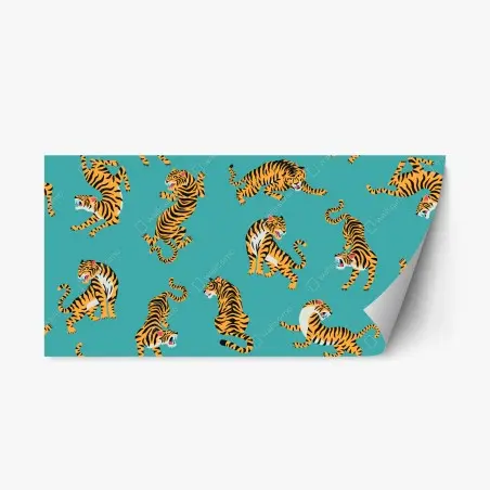Sticker repositionnable motif de tigres stylisés sur fond turquoise – Wallnifity®