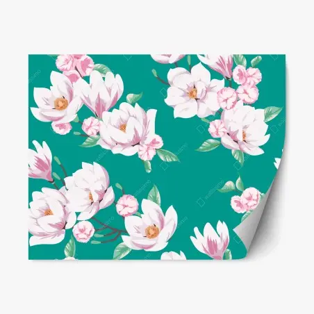 Sticker repositionnable fleurs de magnolia sur fond sarcelle – Wallnifity®